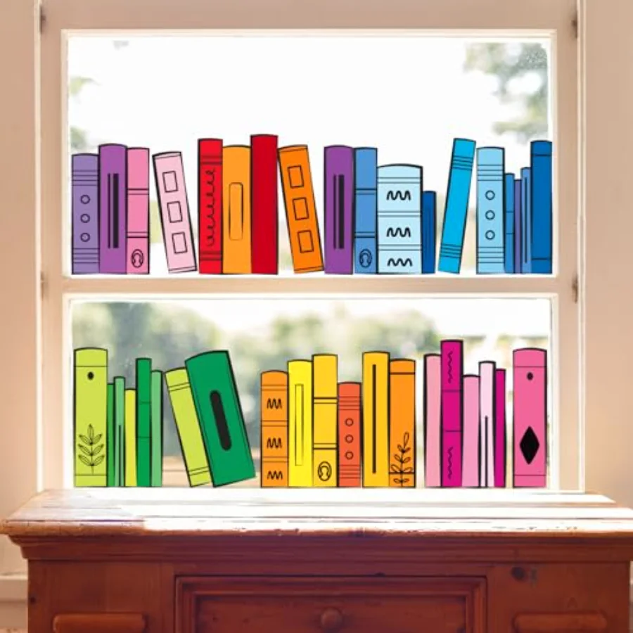 9 Sheets Back to School Window Clings Colorful Bookshelf Window Decal, view 2
