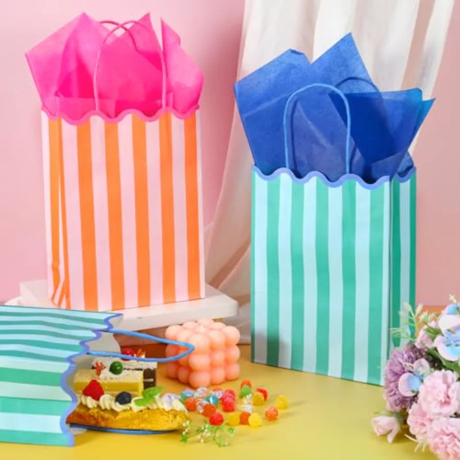 16 Pcs Striped Paper Gift Bags Party Favor Bags with Handles and Tissue, view 4