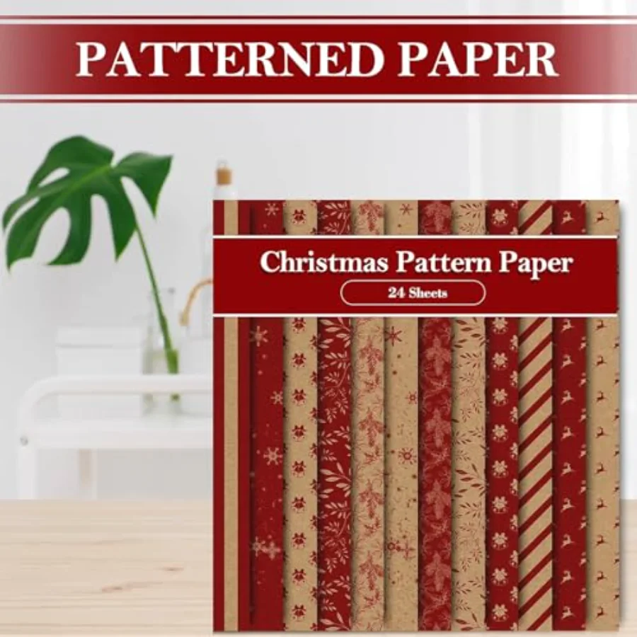 24 Sheets Christmas Pattern Paper Kraft Red Reindeer Snowflake Bell, view 4