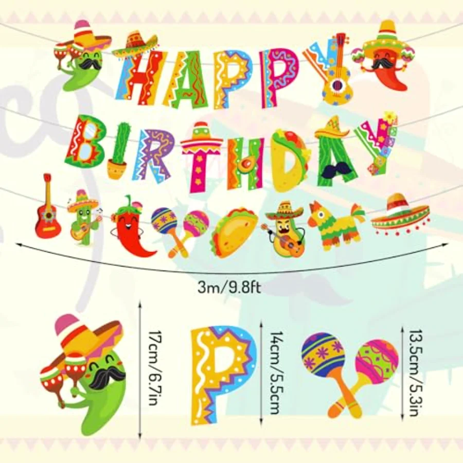 9.8 Ft 3 Pcs Mexican Mexican Happy Birthday Banner Colorful Mexican Fiesta, view 2