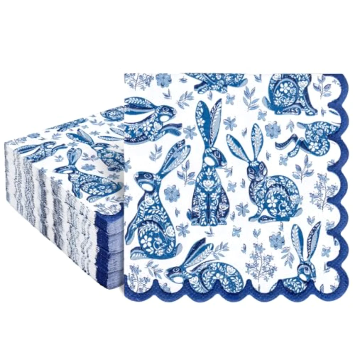 100 Pcs Easter Scalloped Cocktail Napkin Blue Chinoiserie Floral Bunny