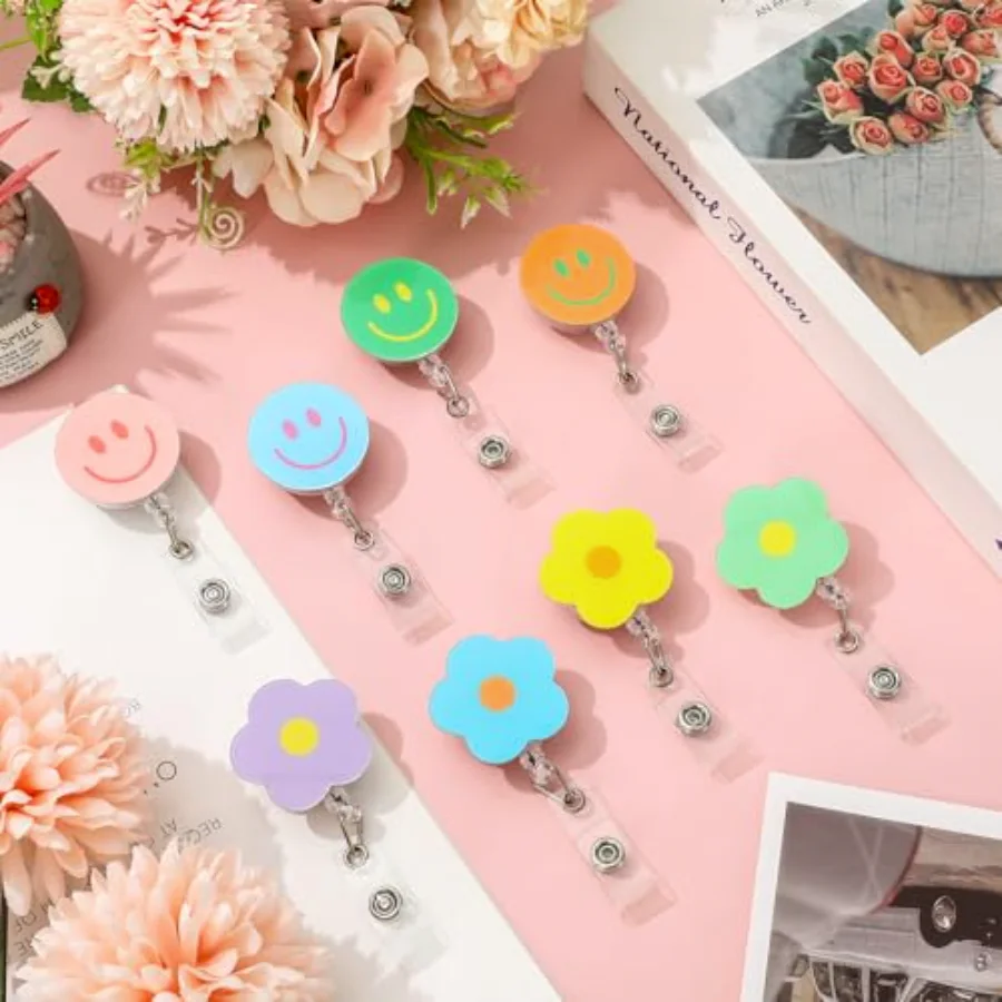 8Pcs Flower Smile Face Badge Reel with Clips Retractable Cord Pastel, view 4