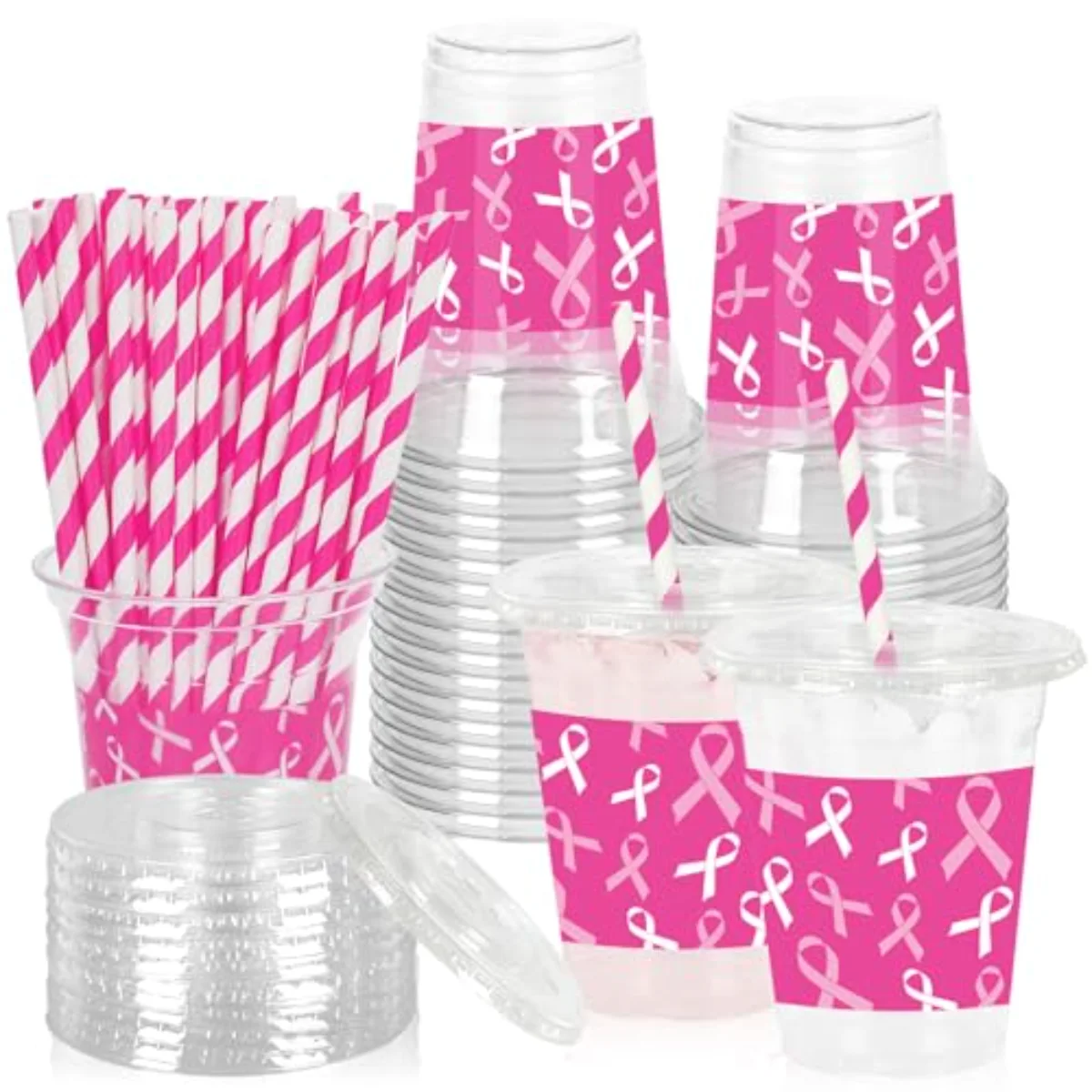 50Pcs Breast Cancer Awareness Plastic Cups with Lids Straws Pink White
