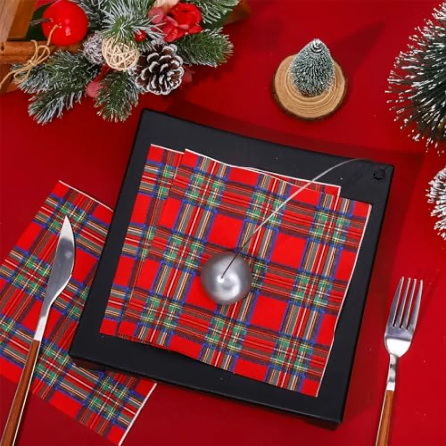 80 Pack Checkered Paper Napkins Red Plaid Disposable Napkins Christmas, view 3