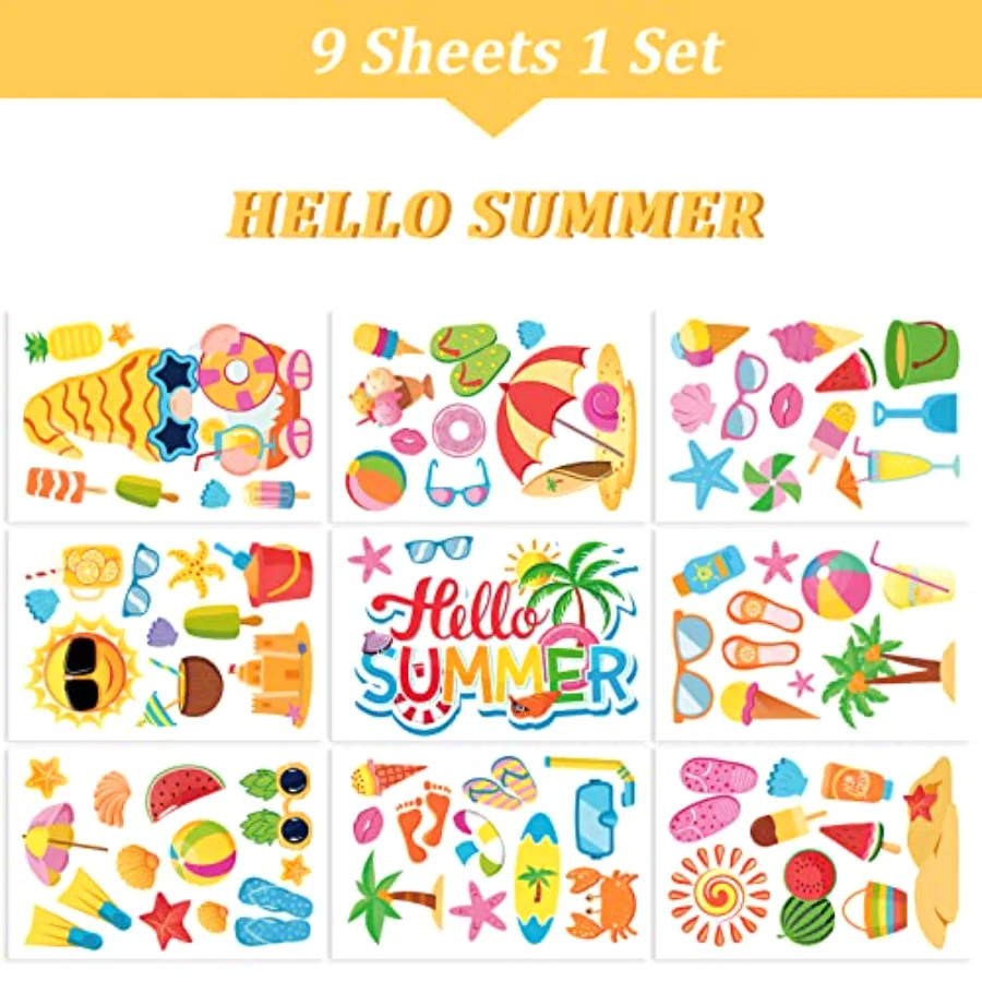 9 Sheets Hello Summer Window Clings Sun Pool Beach Window Decals Drinks, view 4