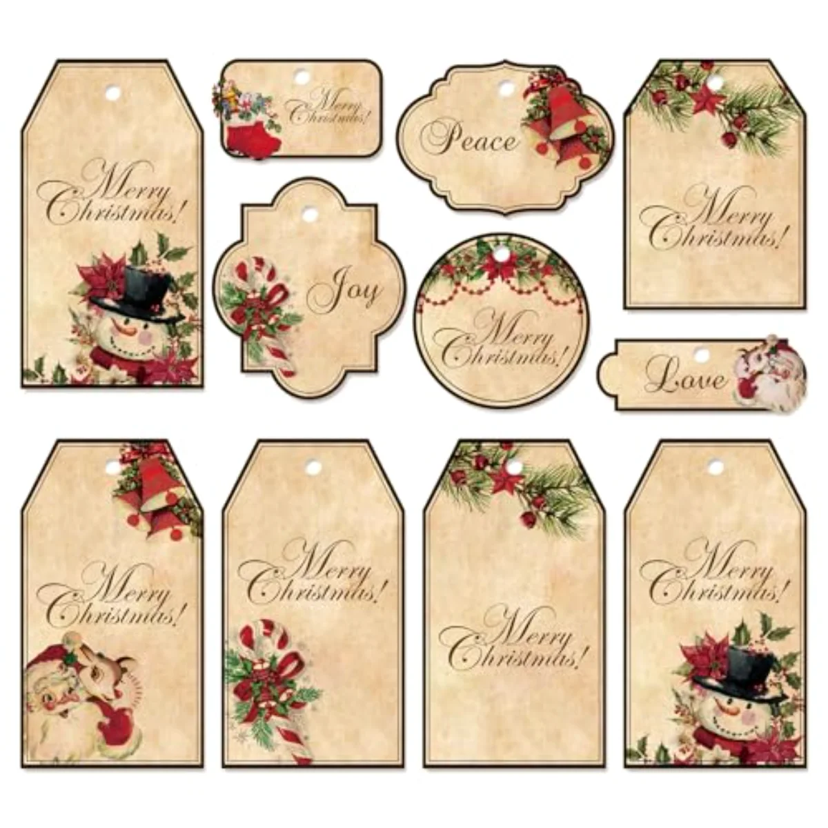 100 Pcs Vintage Christmas Paper Gift Tags Blank Tags Brown Xmas Santa