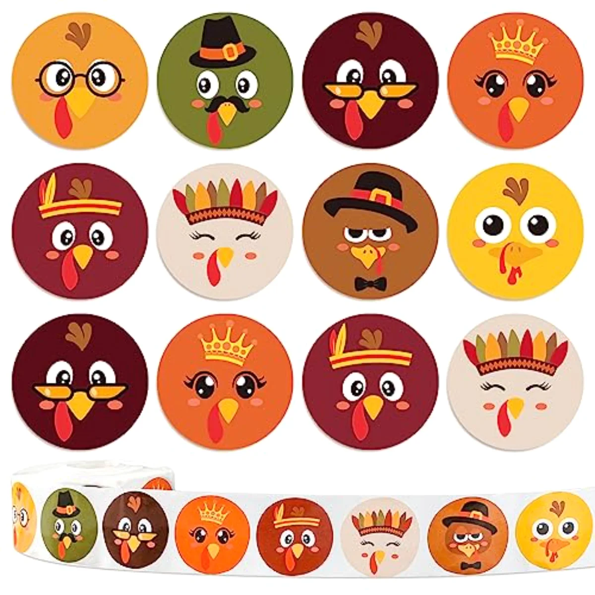 1000Pcs Thanksgiving Stickers Roll Cute Turkey Expressions Stickers