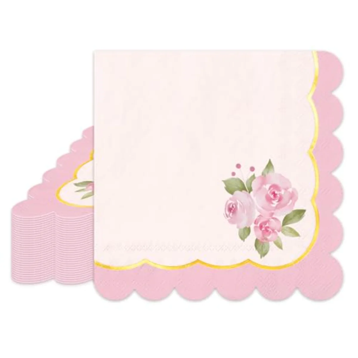 50Pcs Pink Floral Scalloped Cocktail Napkins Disposable Napkin Gold Foil