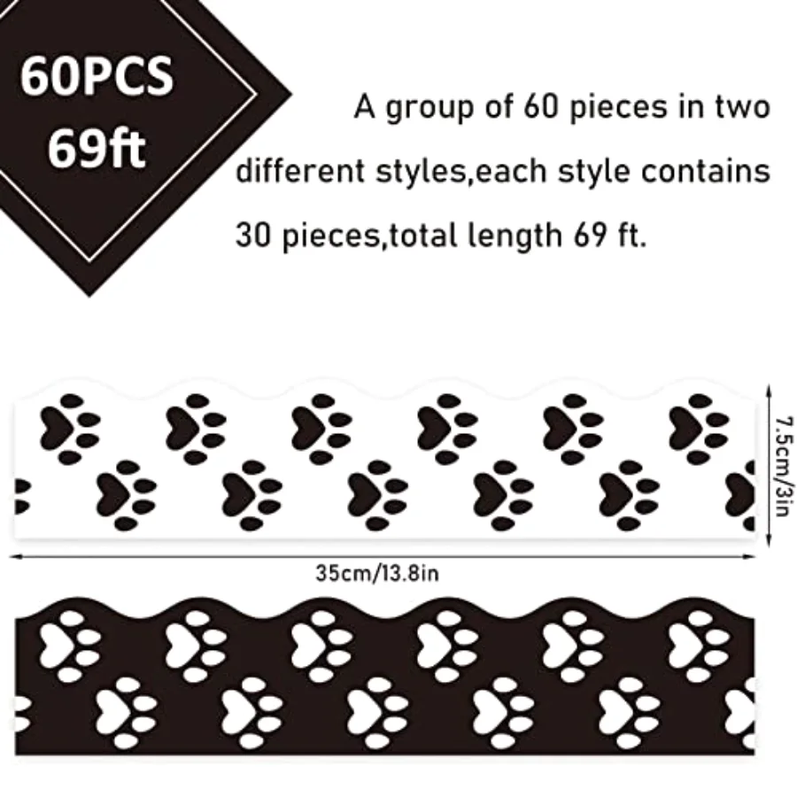69Ft Dog Paw Bulletin Board Border White Black Pet Paw Decoration Borders, view 2