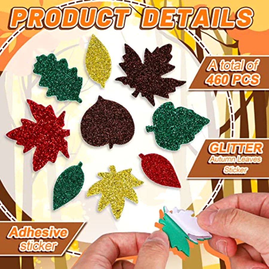 460Pcs Fall Thanksgiving Foam Stickers Glitter Maple Leaves Pumpkin, view 3