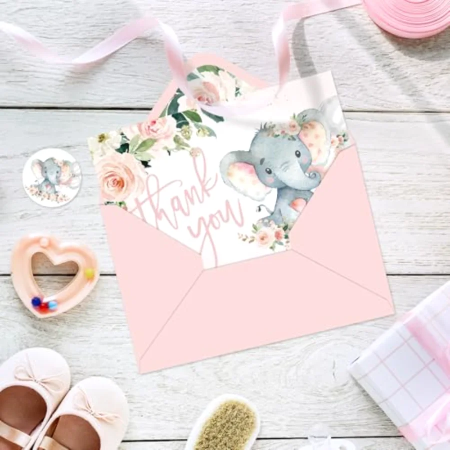 24 Pack Baby Shower Thank You Cards Elephant Flower Greeting Card with, view 4