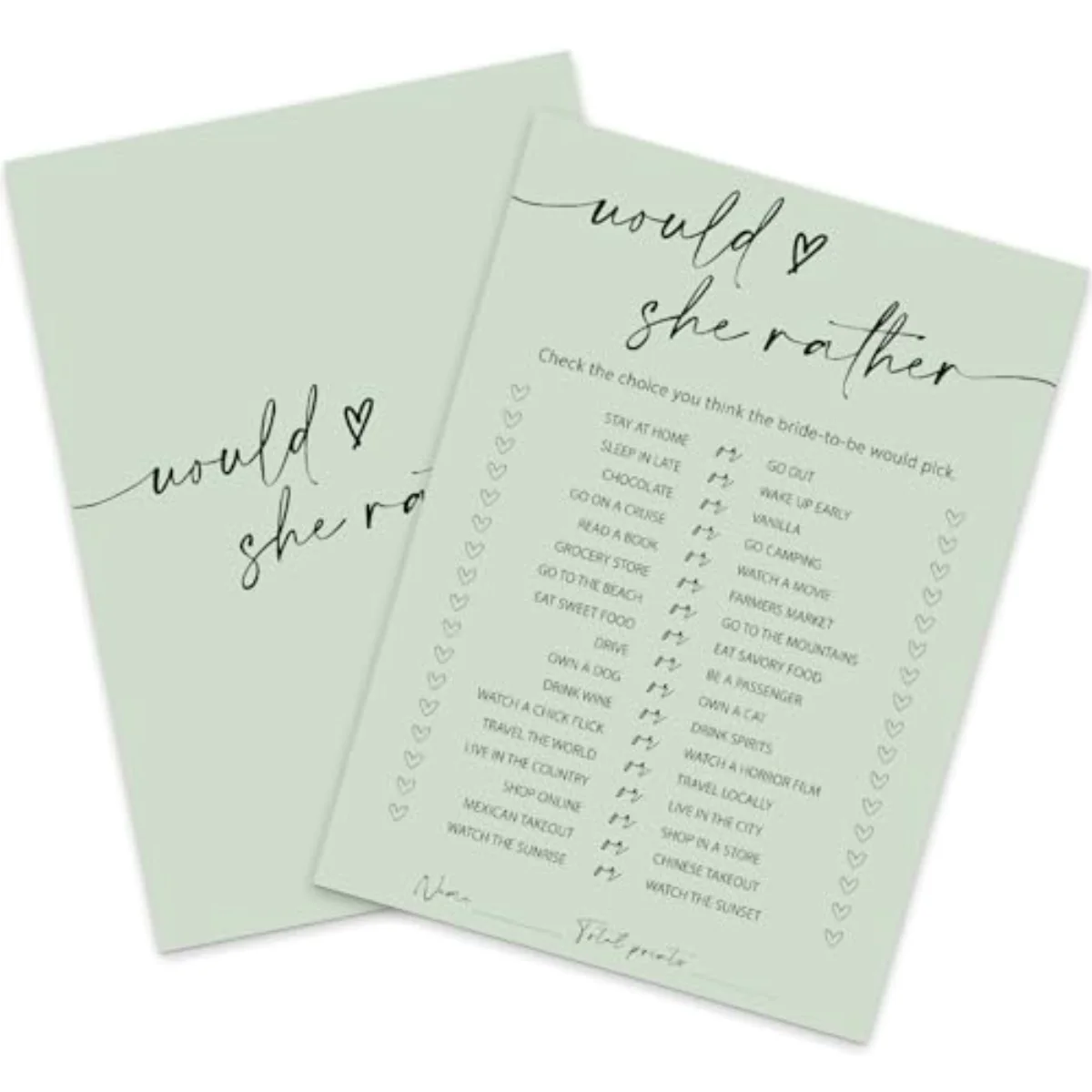 50 Sheets Sage Green Bridal Shower Game Cards Greenery Double Sided Party