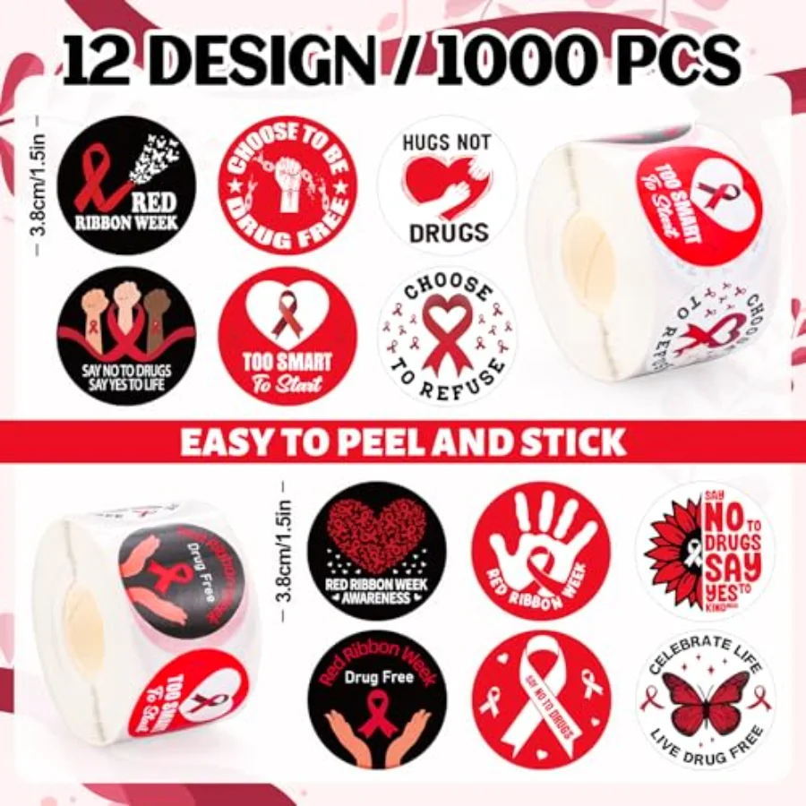 1000 Pcs Red Ribbon Week Stickers Roll Say No to Drugs Awareness, view 2