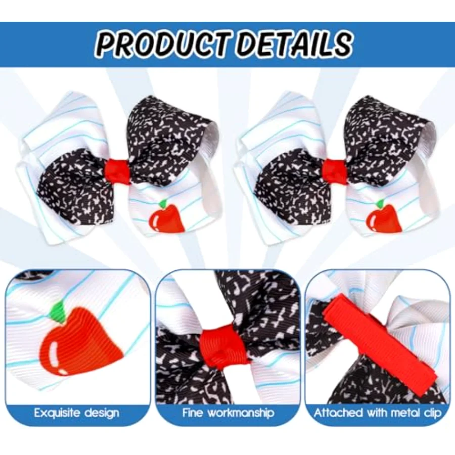 2Pcs Back to School Hair Bow Clips Blue Lined Composition Notebook Apples, view 3