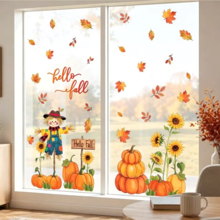 Hello Fall Window Stickers Pumpkin Pile Scarecrow Maple Leaves Wall Decals, view 4