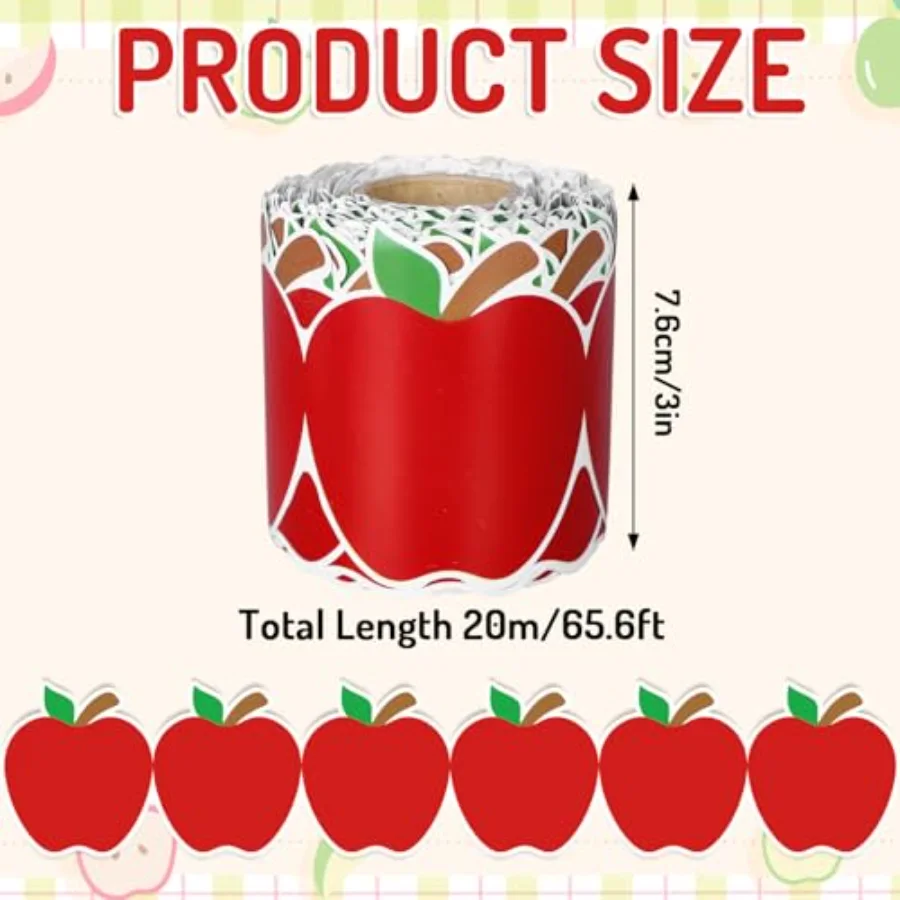 65.6 Ft Back to School Bulletin Board Border Apples Trim Border Non-Stick, view 2