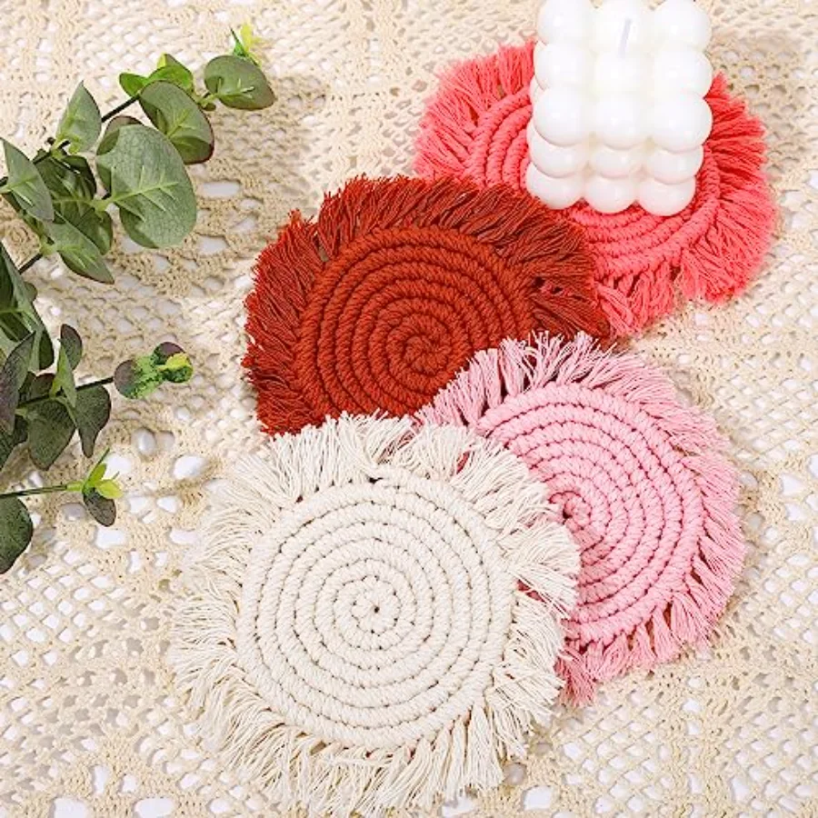 Boho Macrame Coasters Set of 4 Handmade Red Pink White Woven Coaster for, view 3