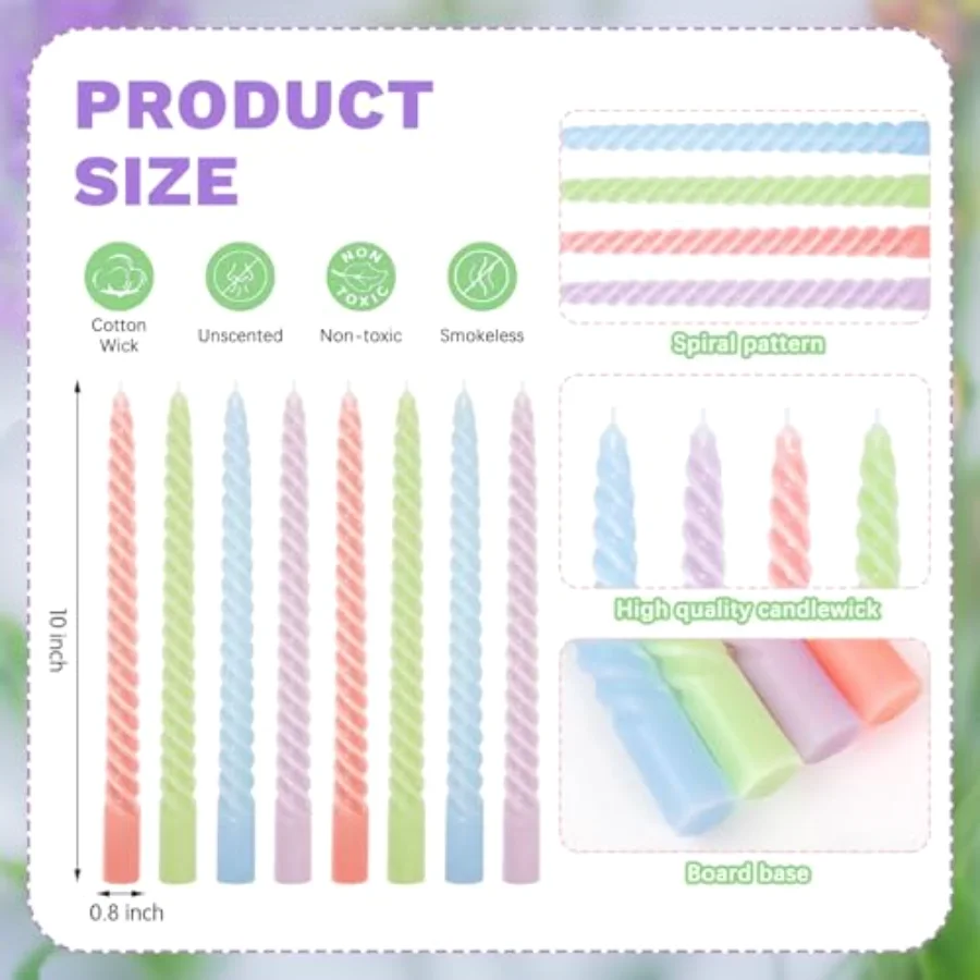 8Pcs 10 Inch Easter Pastel Spiral Taper Candles Dripless Twisted Wax, view 2