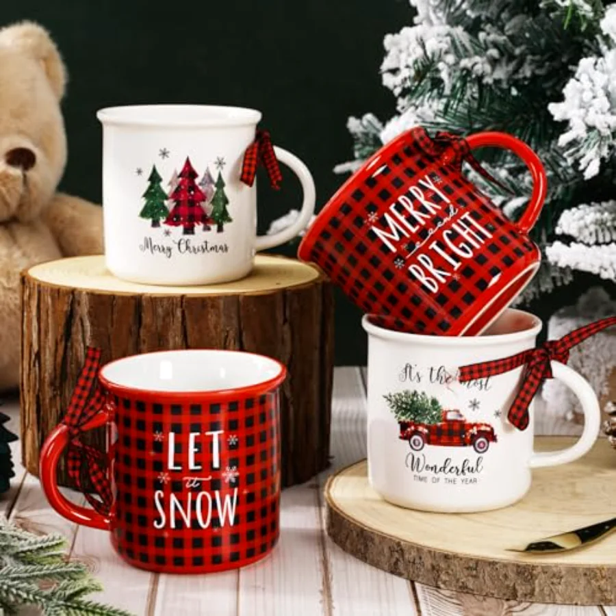 4Pcs Christmas Mini Mugs with Plaid Ribbon Red Black Plaid Xmas Tree Truck, view 3