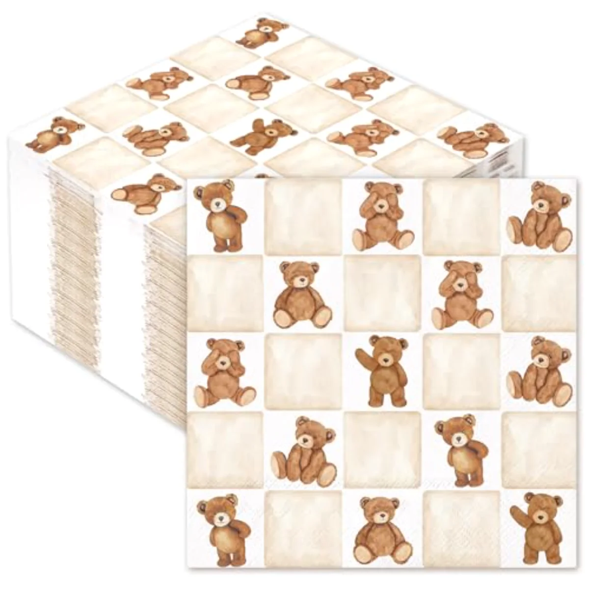 50Pcs Checkered Bear Cocktail Napkins Beige Brown Gingham Paper Napkins