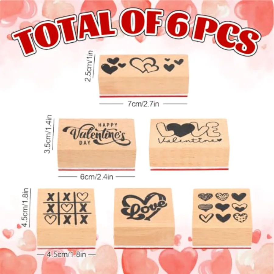 6Pcs Valentine's Day Rubber Stamp Heart Love Wooden Stamps Cute Heart, view 2