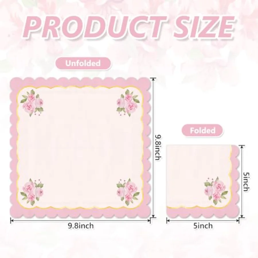 50Pcs Pink Floral Scalloped Cocktail Napkins Disposable Napkin Gold Foil, view 2