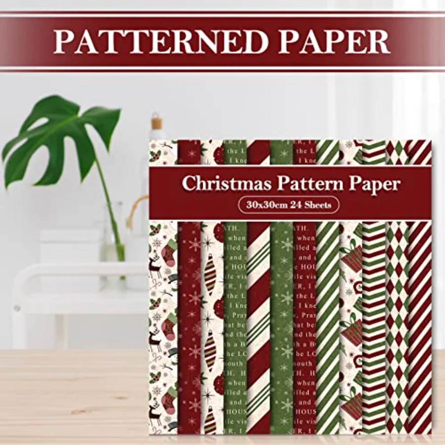 24 Pack Christmas Pattern Paper 12 Designs Red Green Textured Scrapbook, view 4