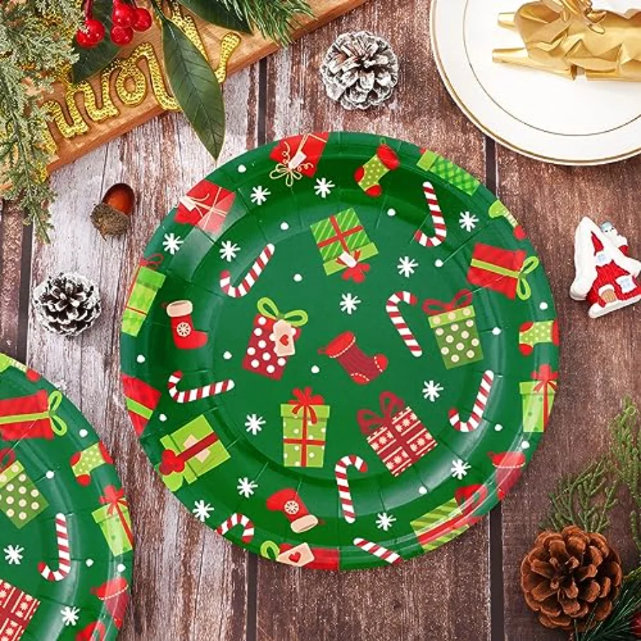 Christmas Paper Plates Xmas Holiday Snowflake Gift Box Print Round, view 4