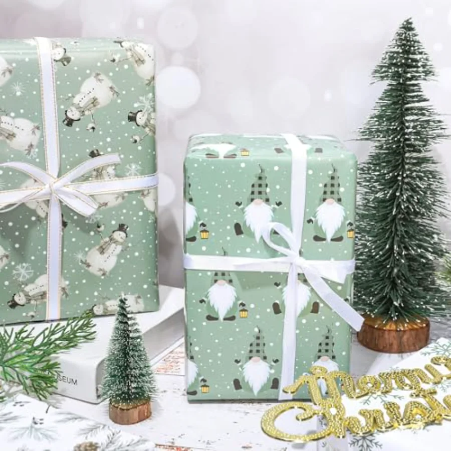 12 Sheets Christmas Wrapping Paper - Not Roll - Sage Green Snowman, view 4