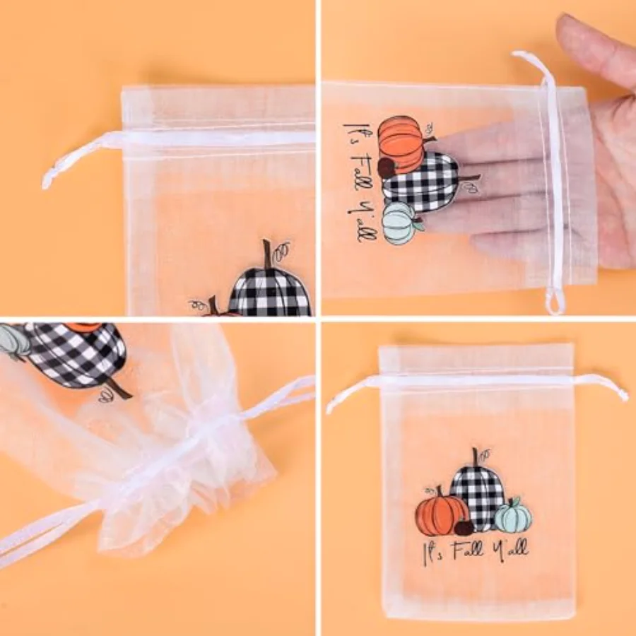 100 Pcs Fall Organza Bags Drawstring Plaid Orange Pumpkin Gift Bags White, view 3