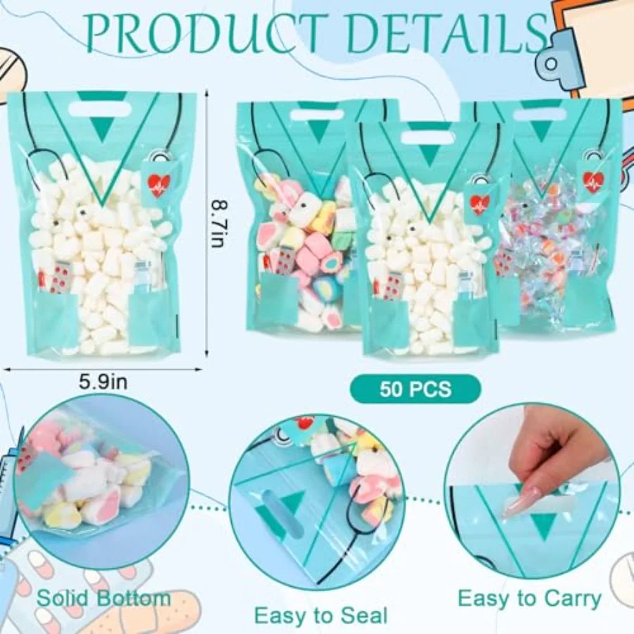 50 Pcs Nurses Day Cellophane Ziplock Bags Doctors Day Sealing Pouches with, view 2