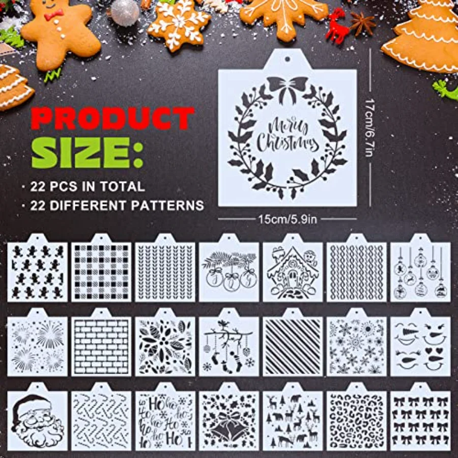 22pcs Christmas Stencils Snowflake Santa Candy Canes Flowers Gingerbread, view 2