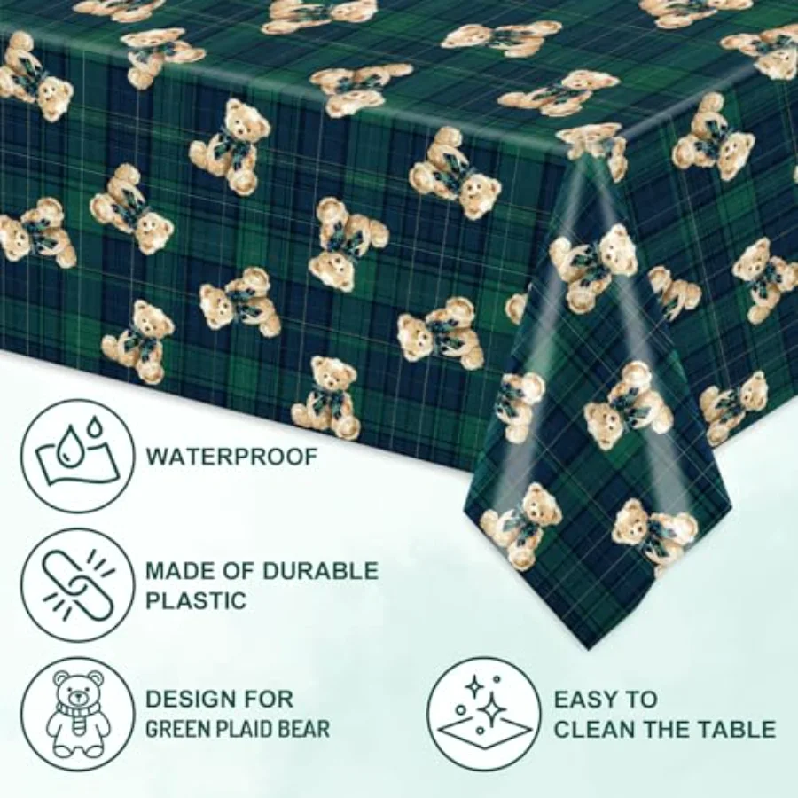 3Pcs Tartan Bear Plastic Tablecloth We Can Bearly Wait Baby Shower, view 3