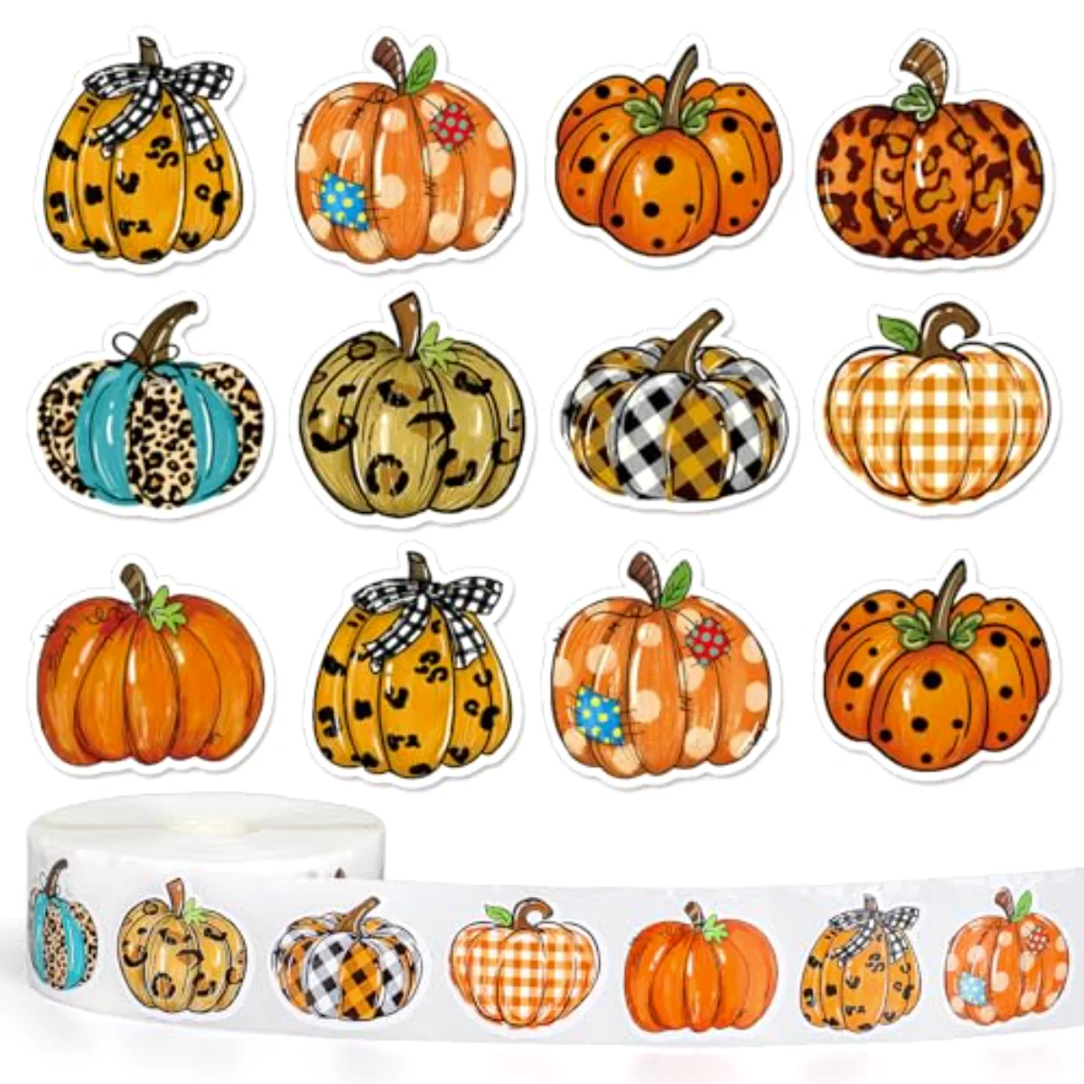 1000Pcs Fall Pumpkin Stickers Roll Autumn Hand-Painted Pumpkin Paper