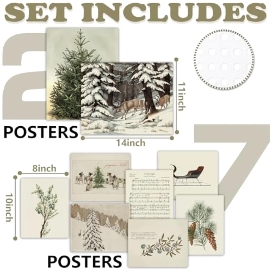 Christmas Wall Art Prints Vintage Watercolor Pine Tree Posters Retro, view 2