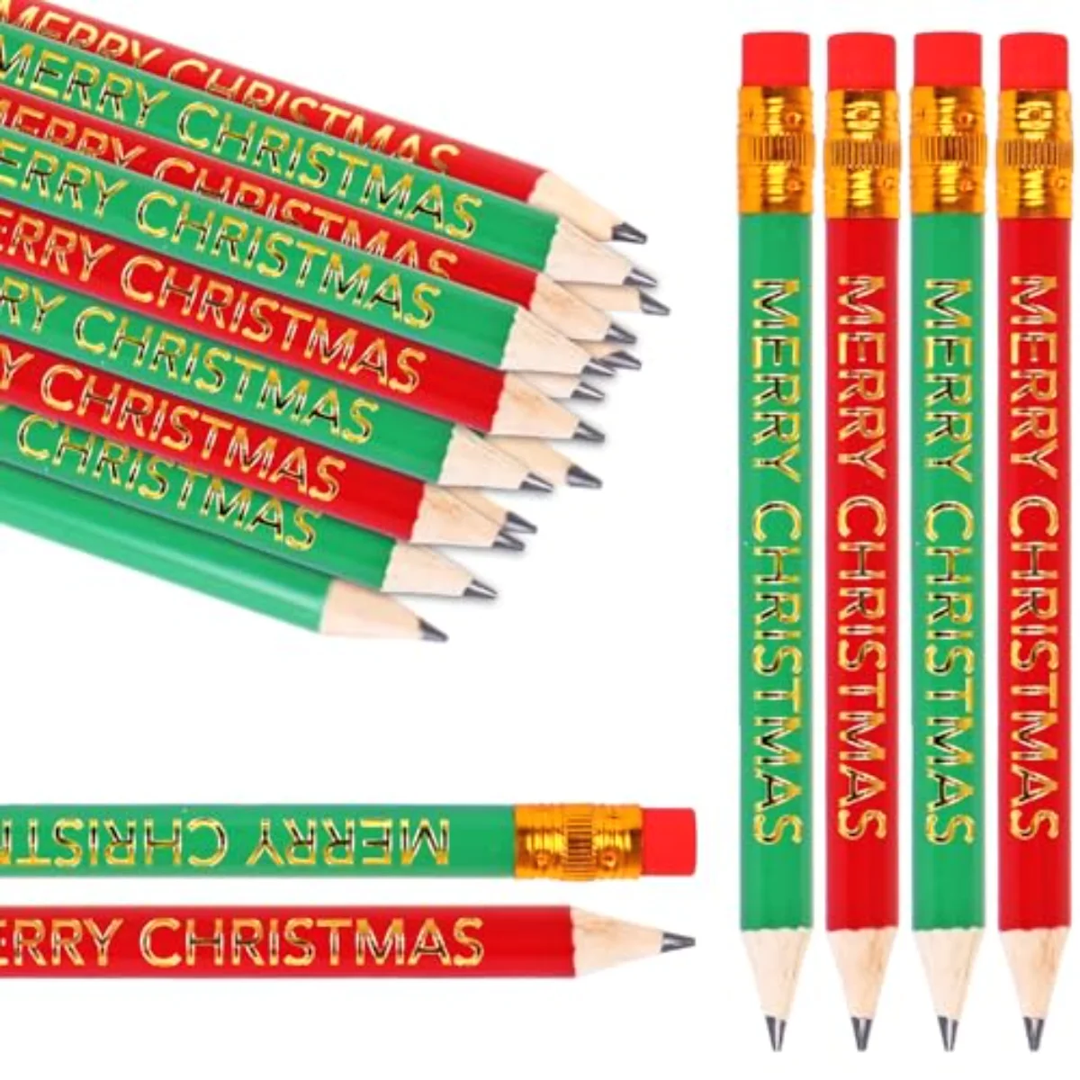 50Pcs Christmas Short Pencils with Erasers Gold Foil Merry Christmas Wood