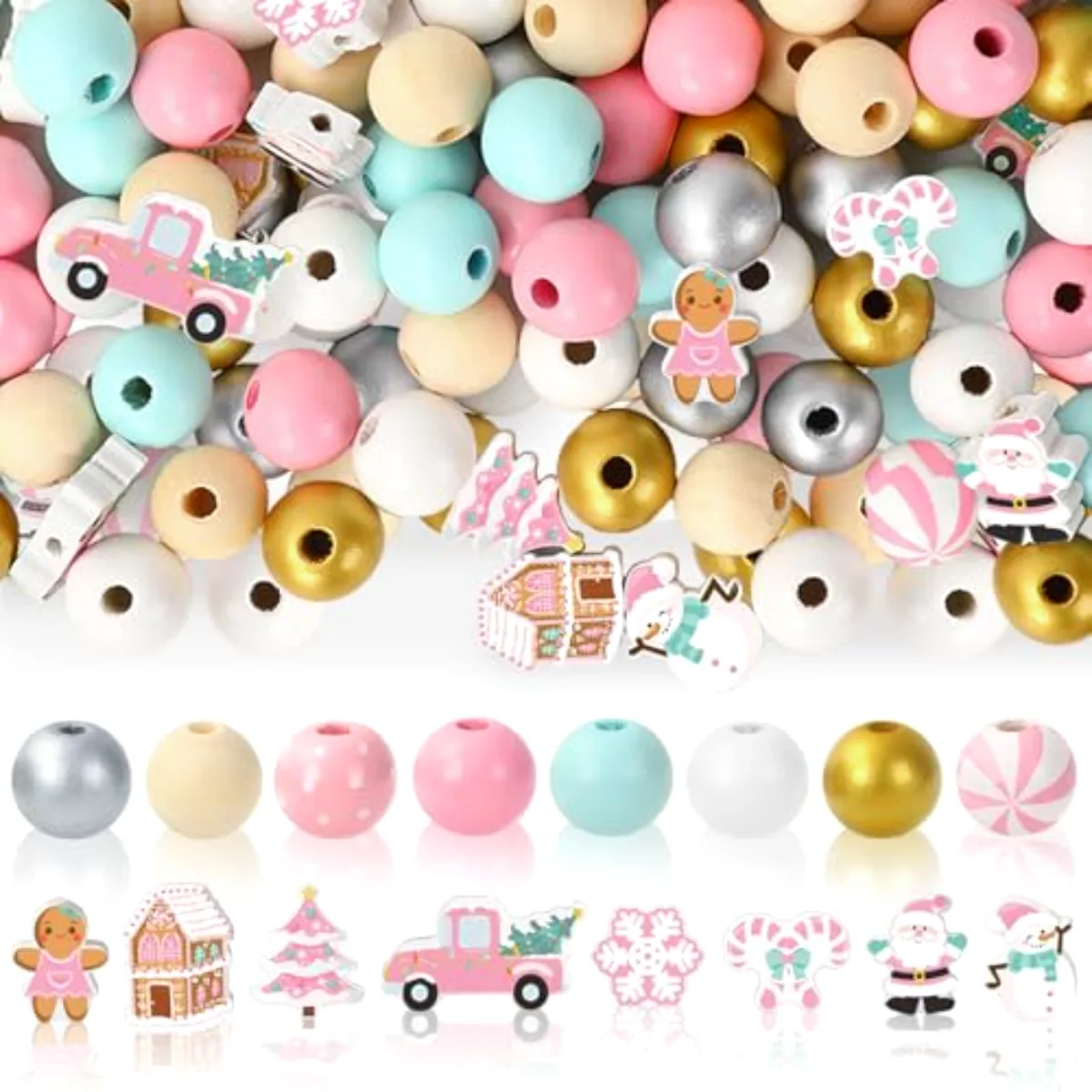 220Pcs Christmas Wooden Beads 16 Styles Pink Xmas Pattern Decorative Wood