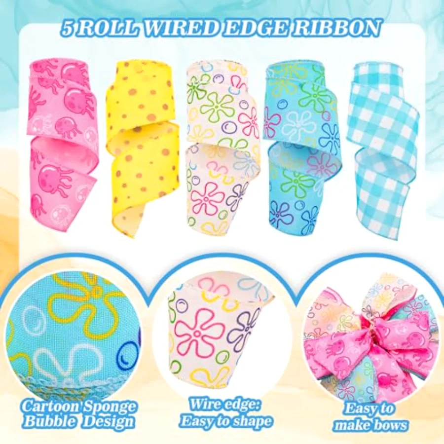 5 Rolls Summer Sponge Bubble Wired Edge Ribbon 2.5 Inch 30 Yards Funny, view 3