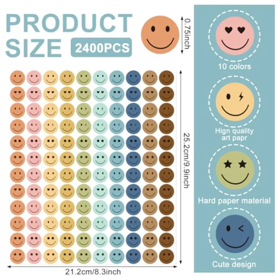2400Pcs Boho Smile Face Mini Sticker 10 Colors Paper Decals 6 Designs, view 2