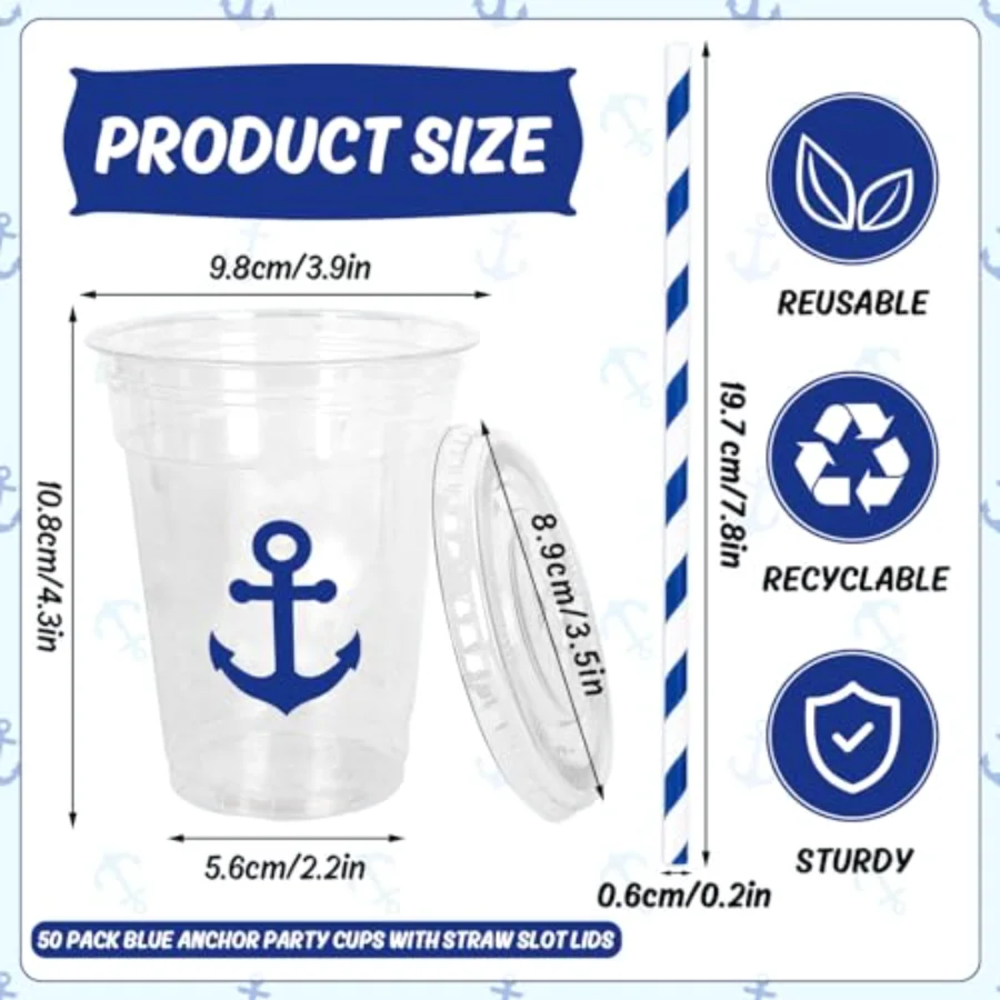 50Pcs Nautical Disposable Plastic Cups with Lids and Straws 12 Oz Blue, view 2