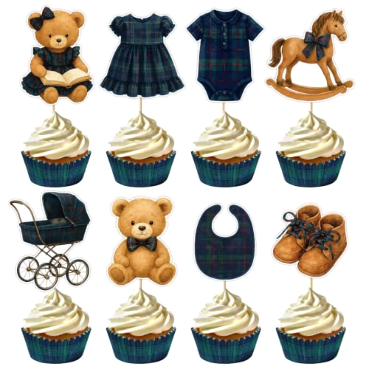98 Pcs Tartan Plaid Decorations Set Baby Shower Cupcake Liner and Toppers