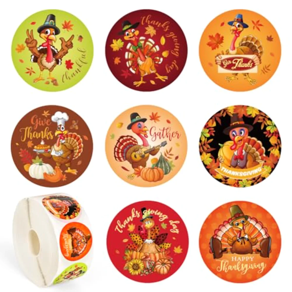 1000Pcs Thanksgiving Turkey Stickers Roll Cartoon Turkey Paper Decals 8