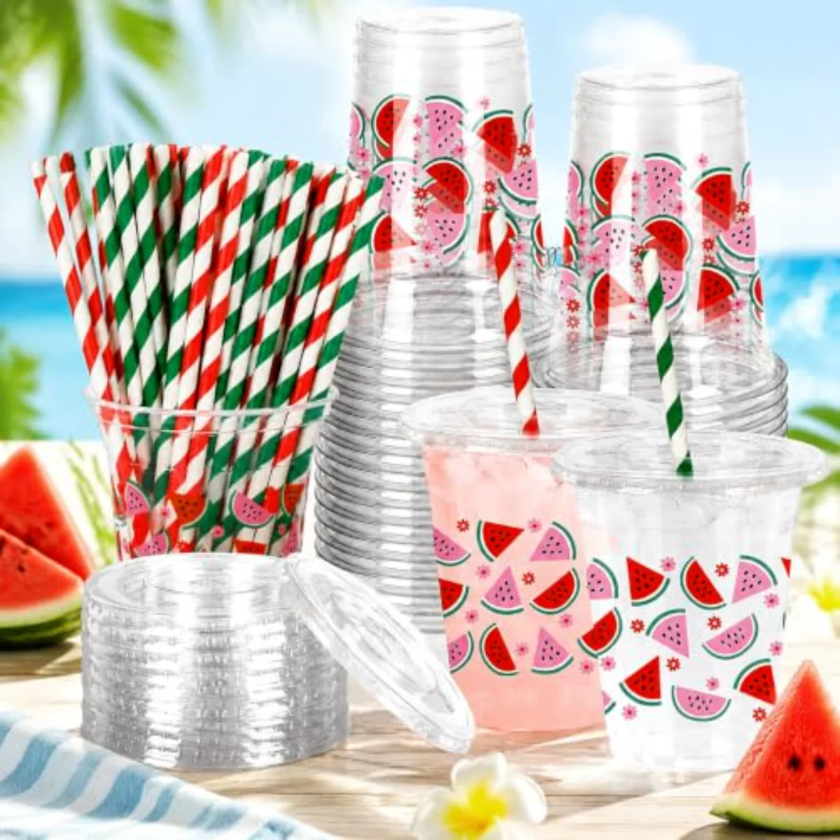50 Pcs Watermelon Plastic Cups with Lids and Straws Red Pink Watermelon