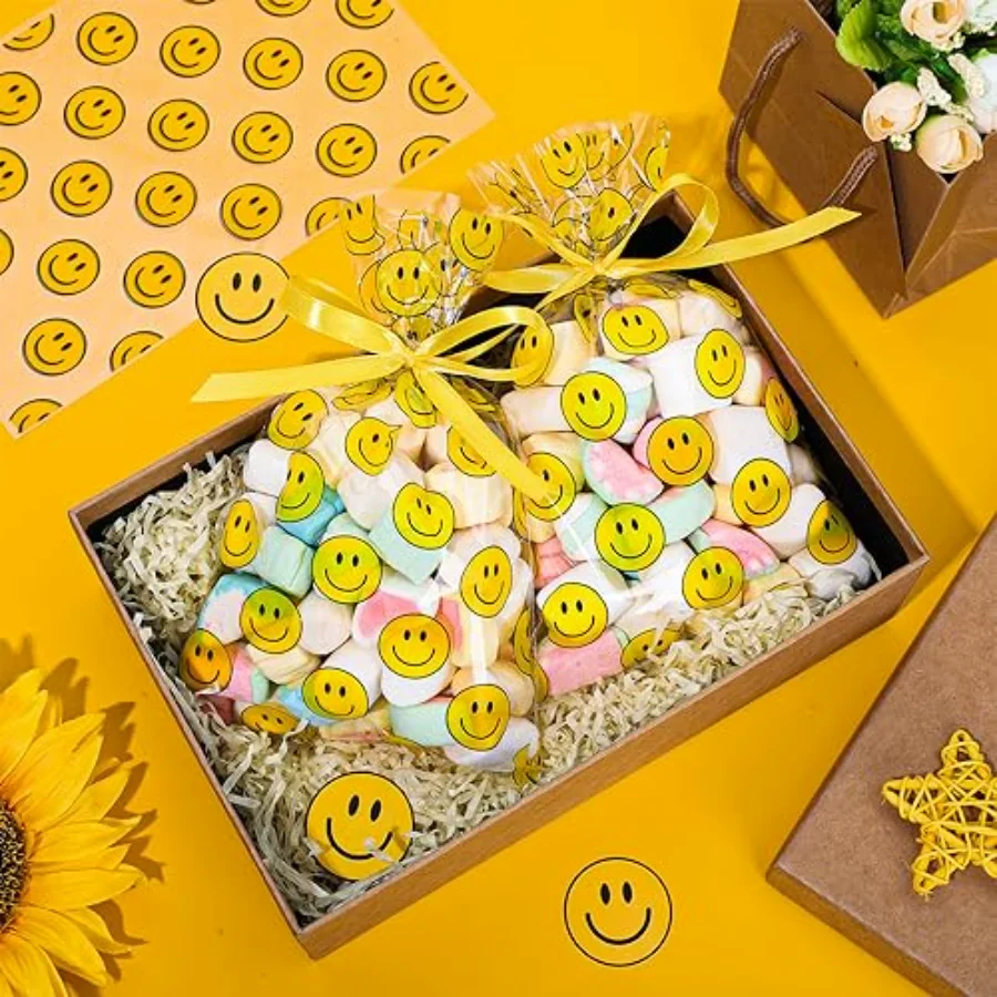 100Pcs Smile Pattern Cellophane Treat Bags with Yellow Ribbons Cute Smile, view 3