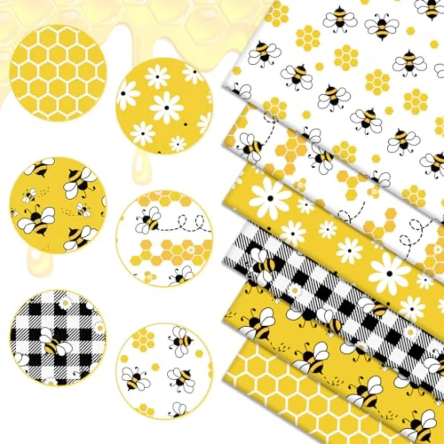 6 Pcs Summer Bee Cotton Fabric Bundles Bee Daisy Honeycomb Plaid Fat, view 3
