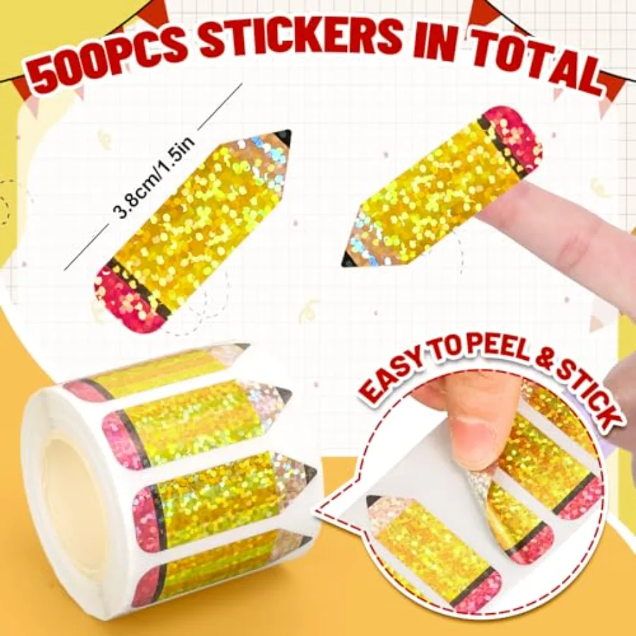 Back to School Stickers Roll Glitter Pencil Seal Stickers Holographic, view 2