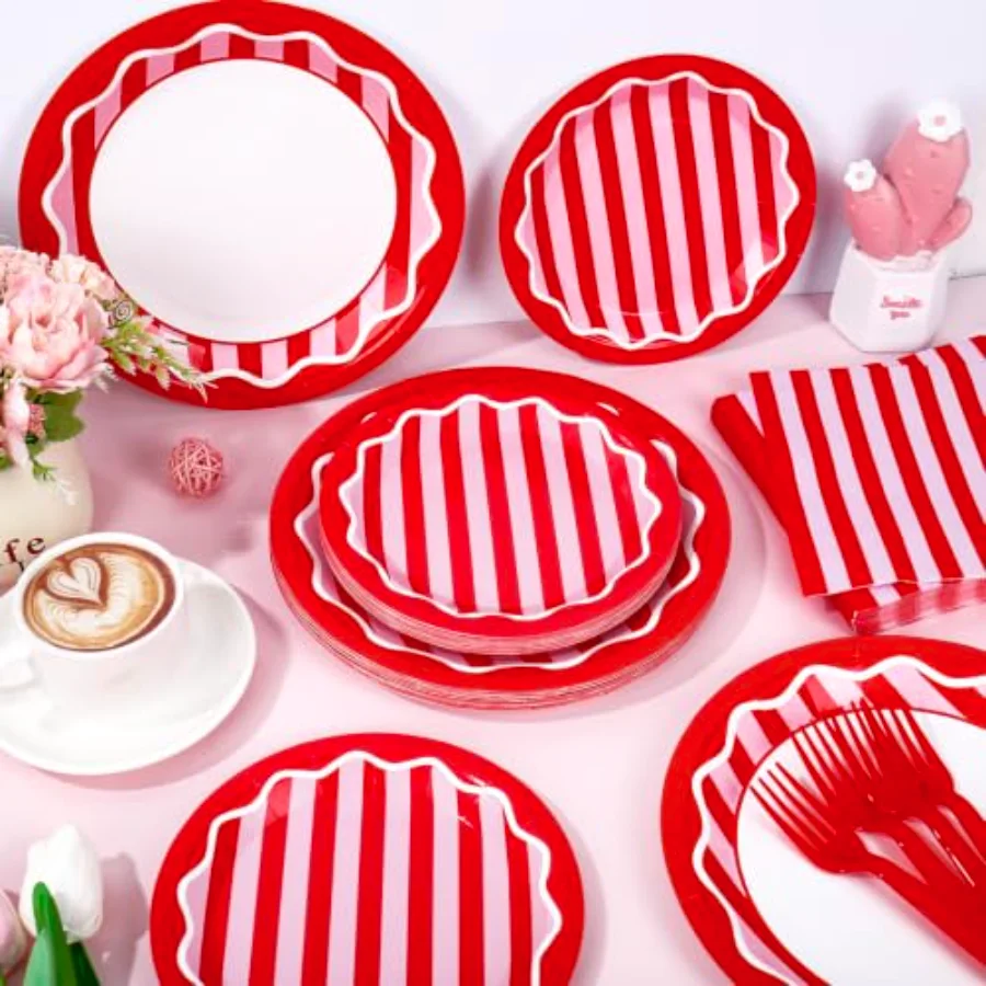 96Pcs Striped Tableware Set Serves 24 Red Pink Stripe Disposable, view 4