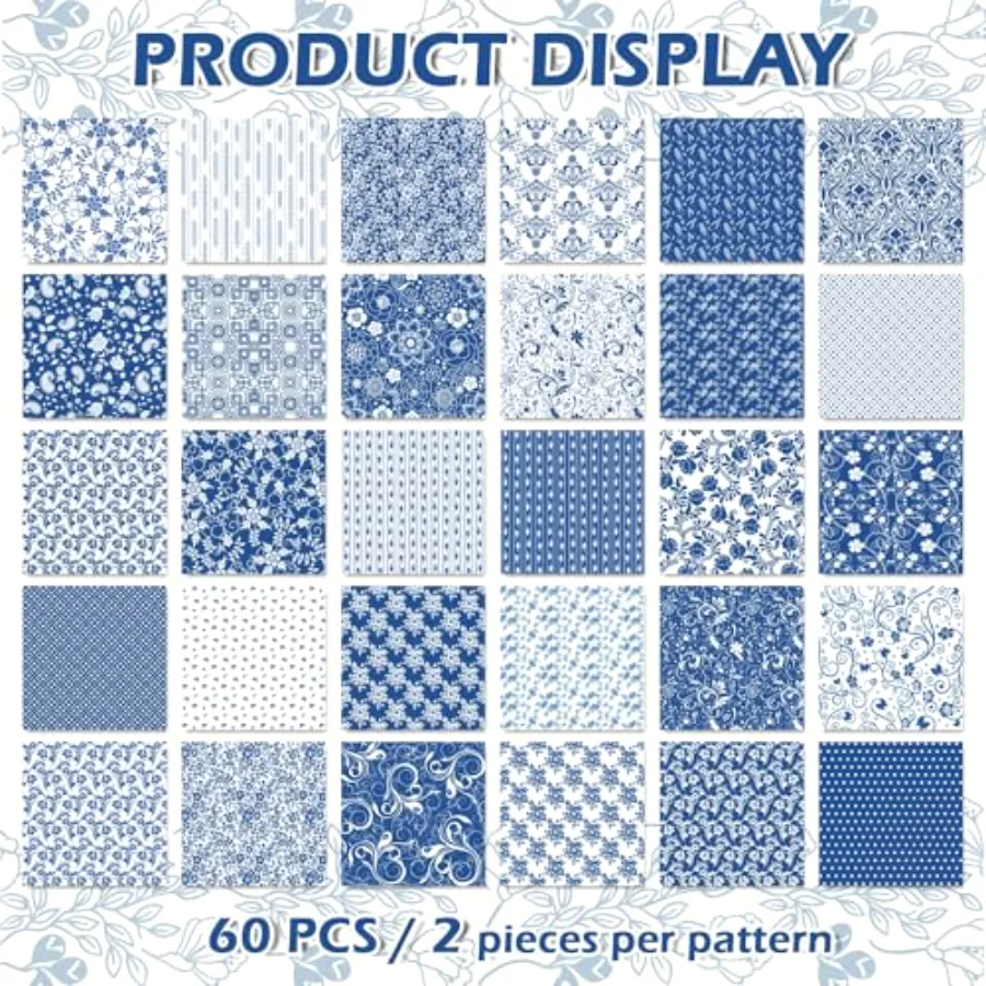 60Pcs Flower Cotton Fabric Bundles Blue White Floral Fabric Square, view 2