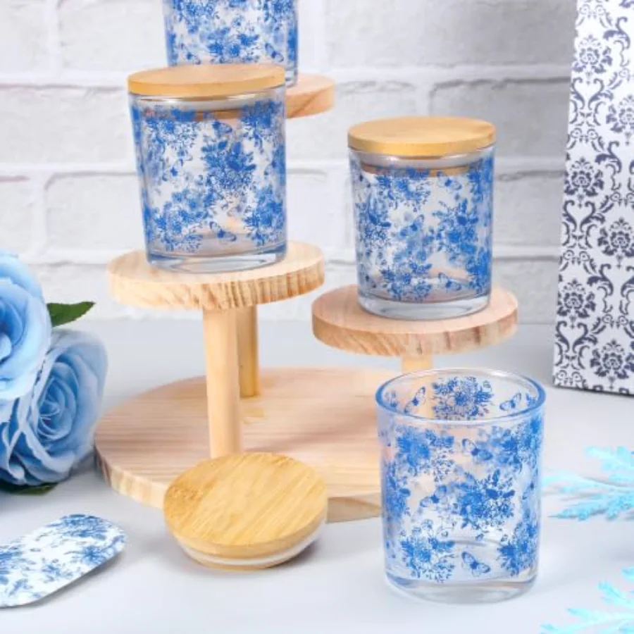 12 Pcs Blue Floral Glass Candle Jars with Lids, view 4