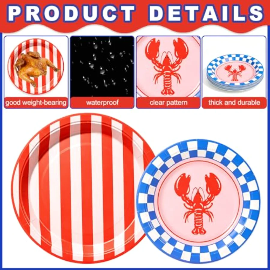 50Pcs Crawfish Paper Plates 7 & 9 Inch Summer Dinnerware Set Stripe Plaid, view 3